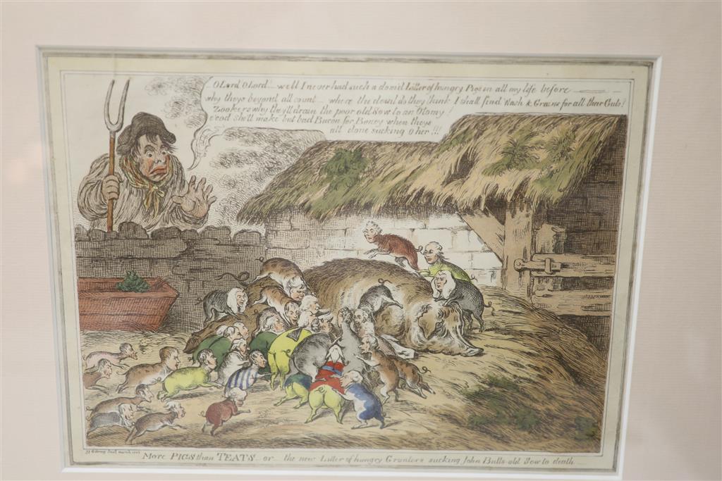 Boehm after Gillray, seven engravings, Caricatures including Political Dreamings, Political Mathematicians and Exhibition of a Dem